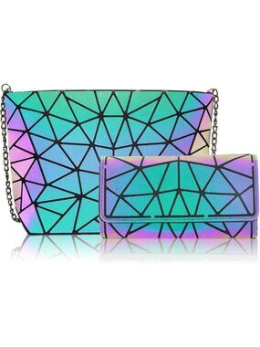 Luminous Geometric Crossbody Purse & Holographic Wallet Set for Women